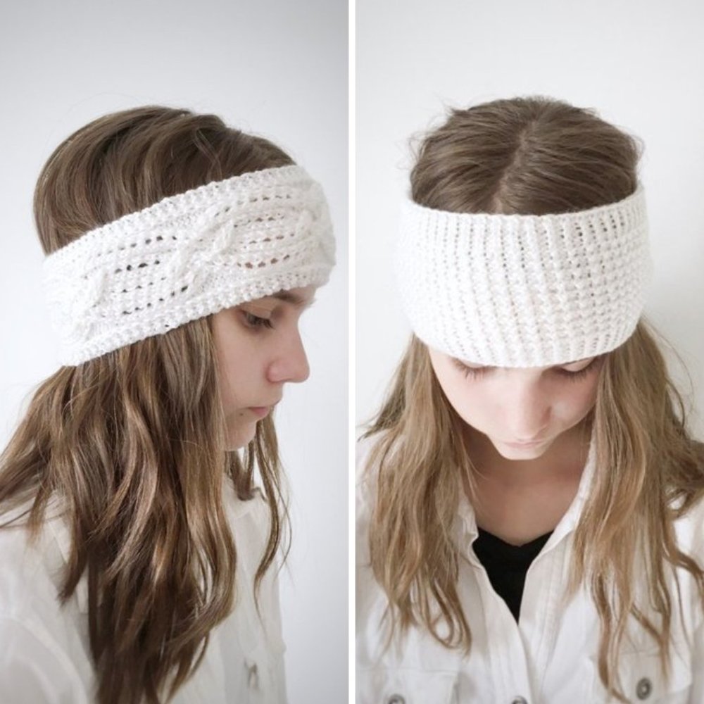 Set of 2 Knitted Headbands in White Cabled + Textured Handmade Boho Cottagecore